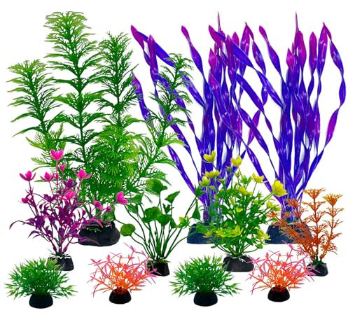 SDFNBRA 11 Pieces Colorful Artificial Fish Tank Decorations, Aquarium Decorations Fish Tank Purple and Green Artificial Plastic Plants, Small to Large (4-8Inch)