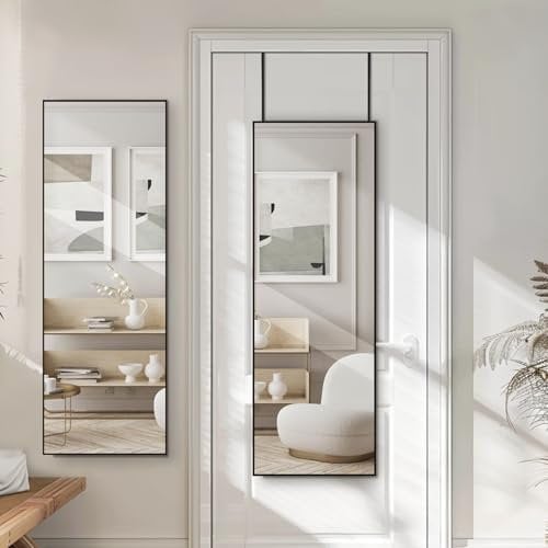 LunaMirror 119x34 CM Over The Door Full Length Hanging Wall Mounted Mirror for Bedroom Bathroom Dorm Long Full Body Mirror with Hanger Black