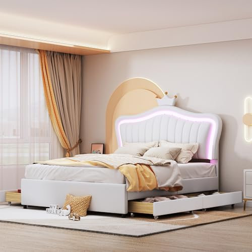 Kinderbett Doppelbett 140x200, Kronen-Prinzessinnenbett mit 4 Stauraumschubladen&Höhenverstellbarem LED Kopfteil&Lattenrost, Bett Polsterbett Mädchenbett Rückenlehne Bettgestell, PU,Ohne Matratze,Weiß