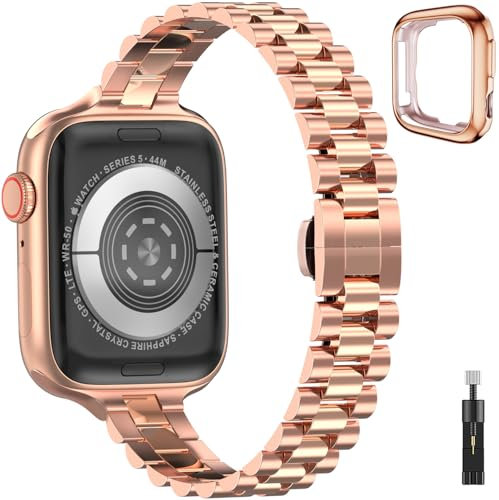 Correa Estrecha Compatible con Apple Watch Band Series SE/9/8/7/6/5/4/3/2/1, Bracelet con Estuche para iWatch de 38 mm 40mm 41 mm Mujer Pulsera de Metal de acero inox para Apple Watch, Oro rosa