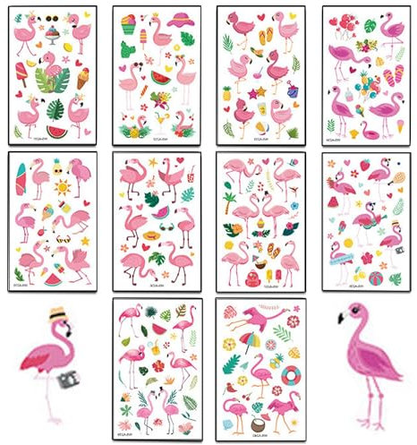 Flamingo Party Deko Set, 10 Blatt Temporäres Tattoo für Kinder, Mädchen Jungen Sticker Zubehör Leuchttattoos, Hautfreundlich, Aufkleber für Sommer Kinderpartys