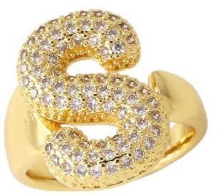 AILYFIRMO Bubble-Buchstabenring, Goldener Bubble-Buchstabenring, 14 Karat vergoldet, exquisiter Pavé-Buchstabenring aus Zirkonia, offener Damen-Zirkon-Buchstabenring (S)