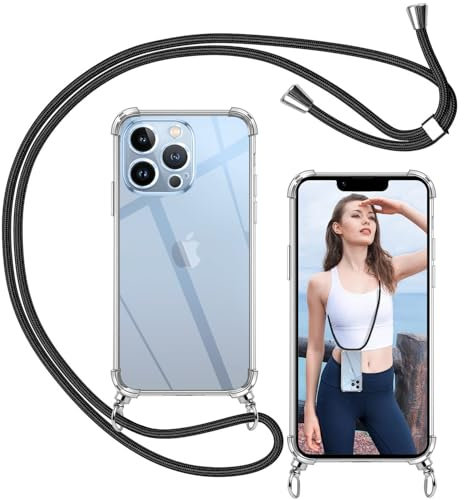 ISOI-Coque Cordon Compatible avec iPhone 13 Pro, Collier Réglable Téléphone Portable Lanyard Case, Ètuis à Bandoulière Transparente en Silicone TPU Souple avec Airbag Antichoc-Noir