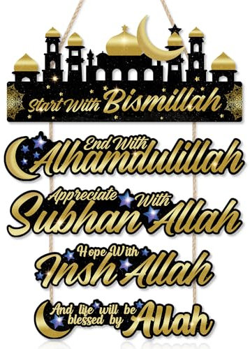 CHDITB Eid Ramadan Mubarak Haustür Deko,Ramadan Mubarak Türkranz Schild,Islamische Wanddeko,Start With Bismillah Wandkunst,Muslimisches Holzschild zum Aufhängen,Kareem Wandschild für Islamisches