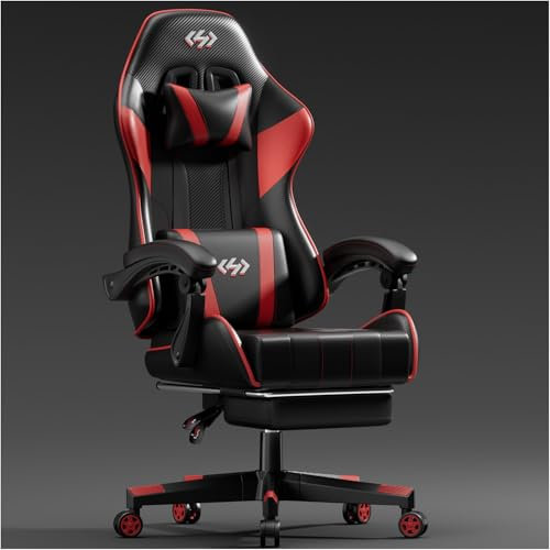 HLFURNIEU Silla Gaming Ergonómica, Silla Gamer con Reposapiés y Soporte Lumbar, Silla Ordenador con Spring Cushion, Sillon Gamer Altura Regulable, Respaldo Ajustable, Cadeira Gaming Negro y Rojo