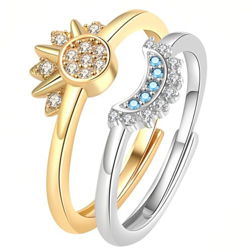 EAVUYIS Sonne Mond Ring Gold Silber Set, Verstellbar Matching Rings Freundschaftsringe, Ringe Frauen, Sun and Moon Ring Set, Dupes Schmuck Geschenk für Damen Frauen