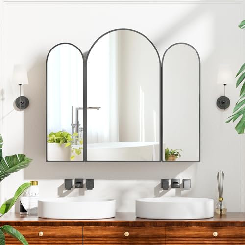 KEEPREAPER Spiegelschrank Bogen, Badezimmerschrank mit 2 Spiegel Arched, Badschrank hängend mit 3 Ablagen und 2 Tür für Badezimmer modern,61x12x70cm (schwarz mit 3 Türe)