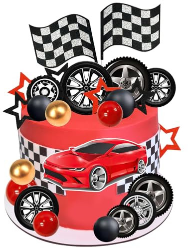 Renn Auto Tortendeko,27 Stück Blau Auto Kuchen Deko,Rennwagen Geburtstagstorte Deko Karierter Flagge Kuchendeko Geburtstag Junge, Cake Topper für Kindergeburtstag, Rennauto Theme Party