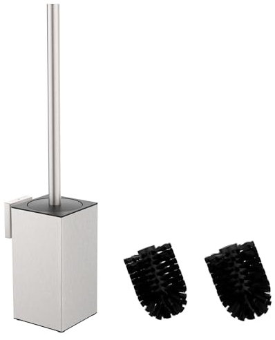 Mozmmhi Escobilla de inodoro de acero inoxidable 304, juego de escobillas para inodoro con montaje en pared y soporte para escobilla de inodoro, incluye 2 cabezales de cepillo (cuadrado plateado)