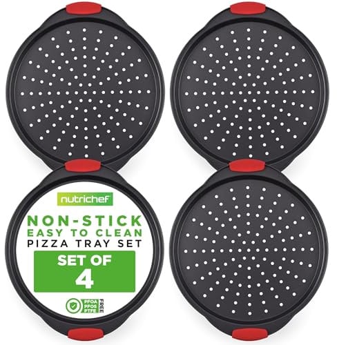 Nutrichef Non-Stick Pizza Tray with Silicone Handles, 4-Pack Round Steel Non-Stick Pans with Perforated Holes, Premium Bakeware, Pizza Trays with Silicone and Oversized Handles, Dishwasher Safe
