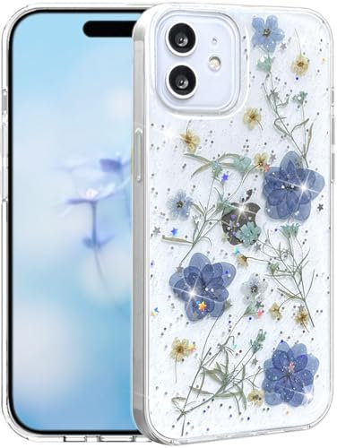 Efitoo for iPhone 12/12 Pro Case Clear Glitter with Flowers Design Real Dried Pressed Flower/Floral Bling Sparkle Cute Soft Slim Aesthetic Shockproof Protective Girly Women Girls Phone Cover (Blue)