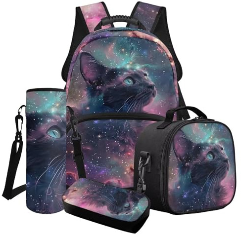 Cxdvotvy 4-teiliges Schultaschen-Set, Rucksack, Lunchtasche, Federmäppchen, Wasserflaschen-Tragetasche für Jungen und Mädchen, Multi-Katzen-Galaxie, Schulranzen-Set