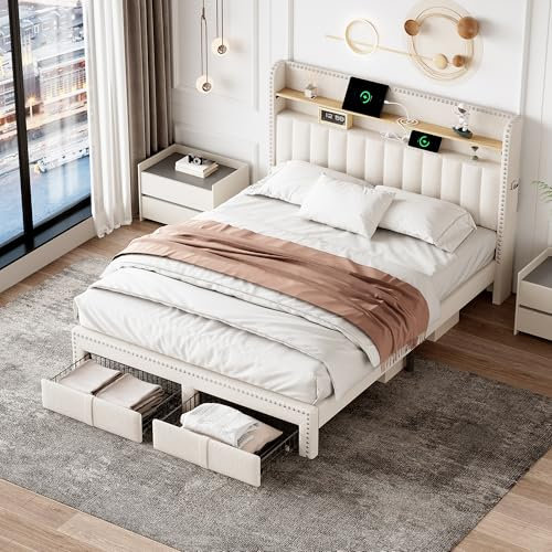 Miyemo Double Bed Frame with Storage Drawers and Headboard, 4ft6 Upholstered Double Bed with Charging & Lighting, Linen, Beige, 135 * 190cm, No Box Spring Needed, (No Mattress)