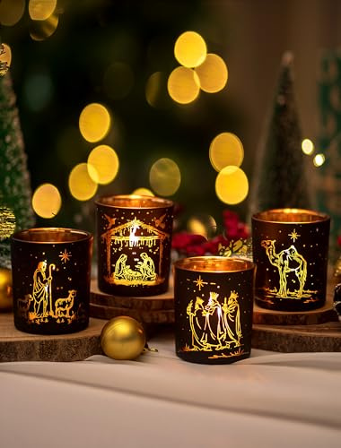 Romadedi Krippe Weihnachten Teelichthalter Set: 4er Set Glas Weihnachtskrippe kerzenständer Innen Deko mit Nativity Scene für Tischdeko Wohnzimmer Advent Ideal für Weihnachtsdeko Christliche Geschenke