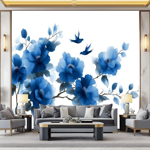 Générique Papier Peint Panoramique Fleurs Bleues Oiseaux 350x256 cm Papier Peint Photo Mural Intissé, Poster Tapisserie Mural Personnalisé 3D Pour Salon Chambre Décoration Murale