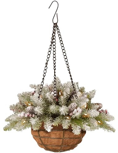 Jorzer Christmas Hanging Baskets for Outdoors Winter Pre-Lit Pine Cones Berry Artificial Hanging Baskets Outdoor Christmas Decorations for Xmas Porch Garden Patio