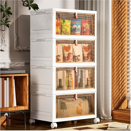 PurKeep Aufbewahrungsbox mit Deckel - 28L × 4 plastikbox mit deckel | Kisten Aufbewahrung mit Deckel, klappbox, Faltbare Aufbewahrungsbehälter für Haus und Büro, weiß, 4 Packungen