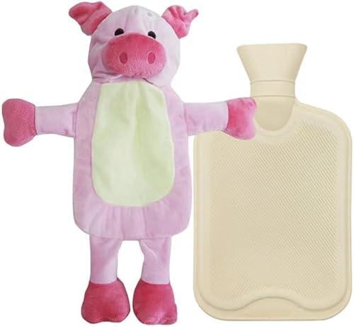 Wärmflasche mit Bezug,Wärmflasche Groß 1 Liter,Kinder Wärmflasche Kuscheltier,Bettflasche für Kinder,Wärmflasche Tier,Weiche Flaum Wärmeflasche,Gummi Wärmeflasche,Premium Wärmflasche (Schwein)