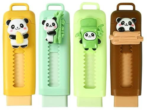 LEMONSTONE 4 Stück Radiergummi Set, einziehbar Panda Design | Kawaii Schreibwaren, Bleistiftradierer, sauberes Löschen, Radiergummis Tiere, für Schule, Büro, Zeichnen und Mitgebsel