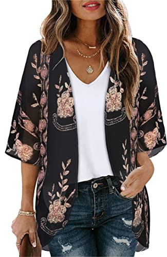 florynova Womens Casual Kimono Cardigans Short Sleeve Beach Cover Up Oversized Cape Floral Duster（Black Vintage Flower,M）