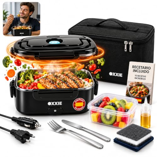 OXXIE Fiambrera Eléctrica 100W 1,5L con Acero Inoxidable 304, Calentador de Comida Portátil para Trabajo, Coche y Camión, 12V/24V/220V, Tupper Eléctrico con Bolsa y Accesorios