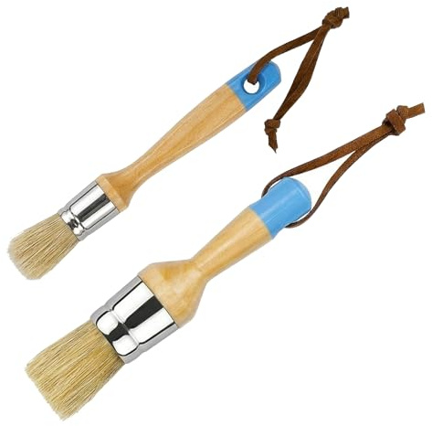 2 Pcs Chalk Paint and Wax Brush Set,Wood Handle Wax Brushes and Chalk Paint Stencil Brushes for Furniture DIY Art Crafts, Natural Bristle Round Oval Brush for All Painting and Waxing