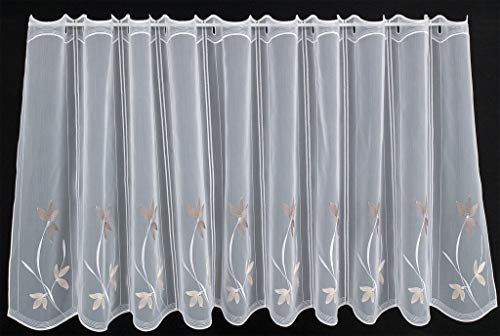 Verdi Scheibengardine Blumenmuster Bestickt 60 cm hoch weiß Natur Schlamm - Wunschbreite frei wählbar durch gekaufte Menge in 15,5 cm Schritten - Meterware