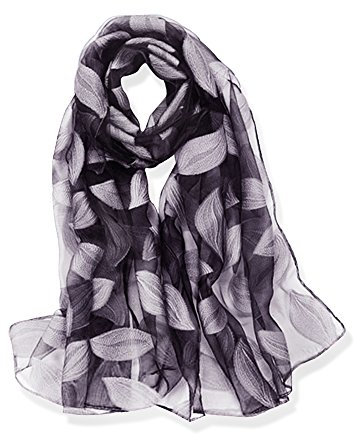 YFZYT Organza-Schal für Damen mit Feder Stickerei Muster/Elegantes Accessoire für Frauen/Organza-Schal/Halstuch/Schulter-Tuch/Schal Chiffon Stola Scarves - Graue Blätter