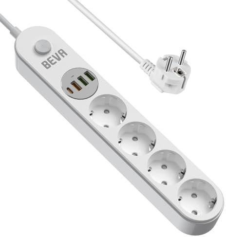 BEVA 4 Fach Steckdosenleiste Tischsteckdose mit USB C und 2m Kabel, 2500W/10A Mehrfachsteckdose mit 1 USB C+3 USB A und Schalter für Smartphones Tablets, zu Hause und im Büro