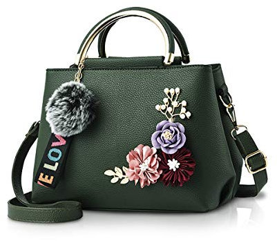 NICOLE & DORIS Damen Leder Handtasche Umhängetaschen mit Blume Jahrgang Griff Tasche Designer Tote Geldbörse mit Pom Pom dunkelgrün