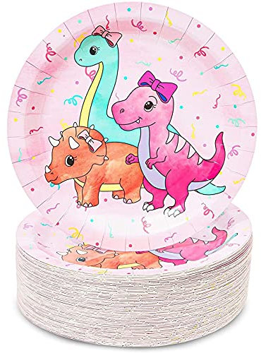 Platos de papel de dinosaurio rosa para fiestas de cumpleaños (9 pulgadas, 80 unidades)