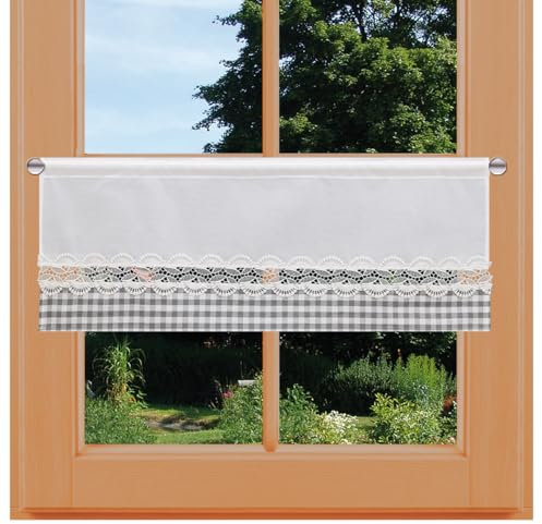 Feenhaus-Scheibengardine Hannah mit Vogtländischer Spitze Landhaus-Kurzgardine grau-weiß kariert | blickdichter Scheibenhänger für Küche und Esszimmer | Panneaux Höhe x Breite 30 x 119 cm