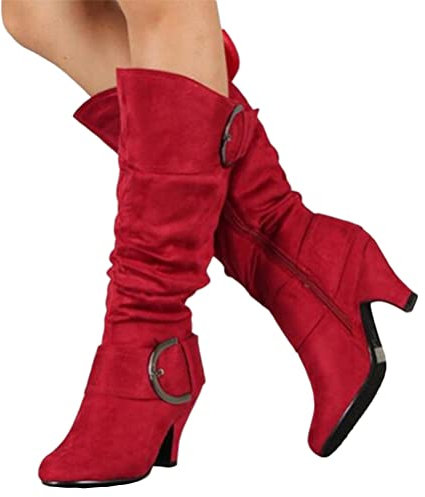 Onsoyours Stivali Alti da Donna Classici con Tacco a Blocco Suola Elegante con Fibbia Stivali Invernali Rosso 38 EU