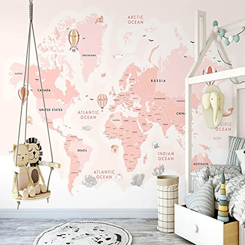 Custom 3D Photo Wallpaper for Kids Room Pink Hot Air Balloon Sea World Map Children Room Bedroom Decoration Wall Mural Paintings,150cmX105cm(59.1 by 41.3 in)