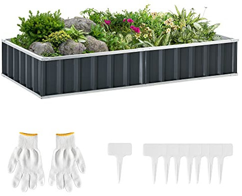 Outsunny Letto per Orto Rialzato in Acciaio, Forma Regolabile e Fondo aperto, Portapiante per Ortaggi, Erbe e Fiori, 174x90x30 cm, Grigio Scuro