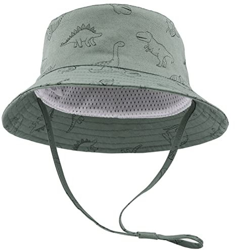 SEYUFN Bob Sonnenhut Baby-Fischerhut mit breiter Krempe Sonnenhut mädchen Verstellbarer Baumwollhut UV-Schutz Sommerhut für Kinder(Grüner Dinosaurier,4-6 Jahre)