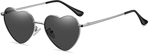 RUNHUIS Polarisiert Herzform Sonnenbrille Damen Herren Hippie Brille Vintage Liebe Sonnenbrille für Festival Party Gold Metallrahmen mit UV400 (Silber/Grau)