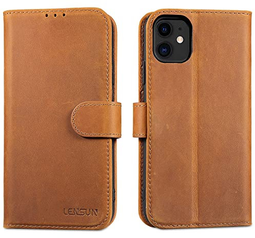 LENSUN Echtleder Hülle für iPhone 11, Handyhülle [Echtes Leder][Magnetverschluss][RFID Schutz] Handytasche Lederhülle Klappbar Kompatibel mit iPhone 11 - Vintage Braun