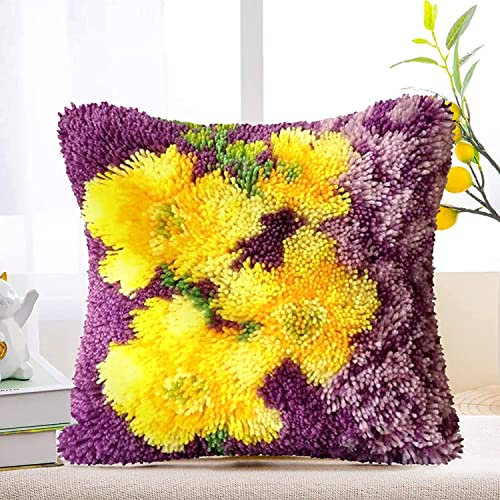 Knüpfteppich Zum Selber Knüpf-Sets mit Kissen knüpfen-Set 43x43cm Kissenbezug-Set für Erwachsene und Kinder Latch Hook Kit Heimaccessoire(Gelbe Blume)