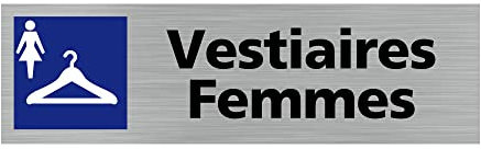 Pictogramme VESTIAIRES FEMMES (Q0109). Signalisation Porte - 170 X 50 mm - Autocollant souple ou plaque alu brossé 2mm. - Plaque aluminium brossé - Plaque aluminium brossé -