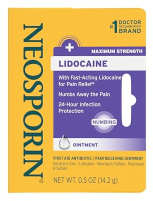 Neosporin + Lidocaine First Aid Triple Antibiotic Ointment, Fast-Acting, Maximum Strength Topical Pain Relief, 24-Hour Infection Protection That Numbs Away The Pain for Minor Wound Care, 0.5 oz