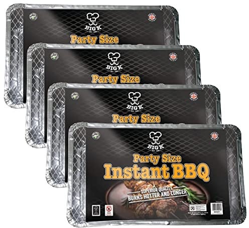 Big K Disposable Instant BBQ Tray - Pack of 4 Party Size All In One Barbecue Instant Light Charcoal Grill Tray with Topline Card. Ideal for Garden BBQ, Camping, Outdoor Party, Picnics.