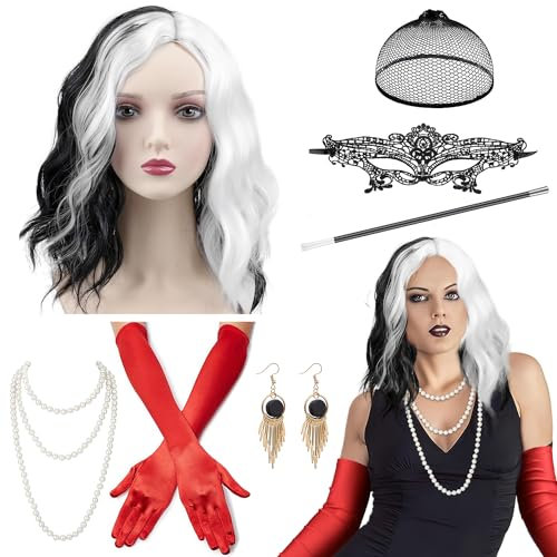 iZoeL Cruella kostüm damen, 70er Jahre Accessoires,schwarze und weiße Perücke Cruella Perücke Perlehalskette Ohrringe Handschuhe, Damen Mädchen Faschingkostüme Karneval Motto Cosplay Halloween
