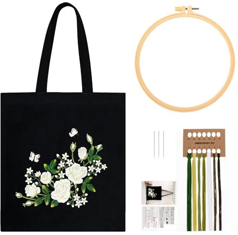 JSRQT Canvas Tote Bag Stickerei Set, Gestempeltes Kreuzstich-Starter-Set mit Weißem Rosenmuster, Canvas-Tragetasche-Sticken für Anfänger, Hand Sticken Tasche inklusive Nadeln und Fäden, Schwarz