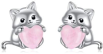 YFN Katze Rosenquarz-Ohrringe für Frauen Sterling Silber Tiere Katze Ohrstecker für Mädchen (rosa)