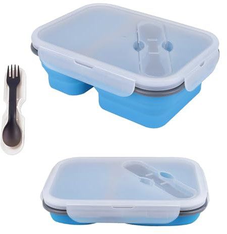 alouweekuky Lunch Box Plegable, Fiambrera portátil plegable con Dos compartimentos con Cuchara de Tenedor Apto para adultos y infantil (Azul)