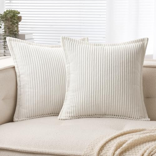 EMEMA Kordsamt Kissenbezug Weiche Kissenhülle Dekorative Sofakissen 45x45 cm 2er Set Dekokissen Moderne Zierkissenbezug Gestreifte Kissenbezüge für Wohnzimmer Schlafzimmer Weiß