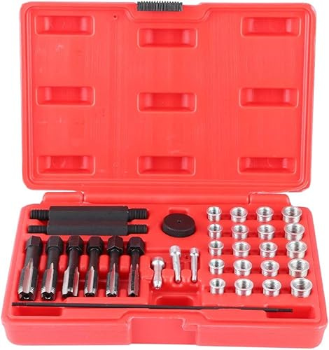 MACHSWON 33PCS Glühkerzengewinde-Reparatursatz,Gewindereparatur-Werkzeug Zylinderkopf Metrisches Gewinde Wiederherstellungssatz Nachzieh-Kit Werkzeug Zündkerze Motor Standard-Schraubengewinde UNC UNF