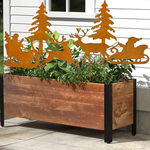 4 Stück Weihnachtsdeko Outdoor Weihnachten Rost Deko Gartendeko Weihnachten Gartenstecker, Adventskranz Deko Draußen Weihnachtsmann Fährt Rentier Weihnachtsdeko, Metall Roststecker Bauernhof Frühling