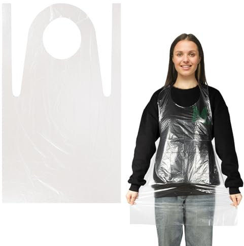 MAQIHAN 50 STK Plastik Einwegschürzen - 3ft/95cm Wasserdicht Dick Lätzchen für Erwachsene Einweg Kochschürze Plastik Küchenschürze Kleiderschutz Erwachsene Kinder Malschürze Kellnerschürze